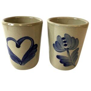 Signed 1988 1989 Studio Pottery Tumblers Salt Glaze Folk Heart Flower Blue Pair